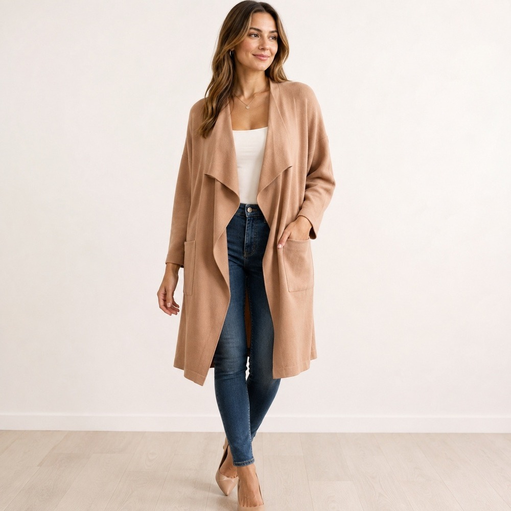 SNDYS Petal + Pup Longline Draped Cardigan Knit Womens Tan S/M NWT